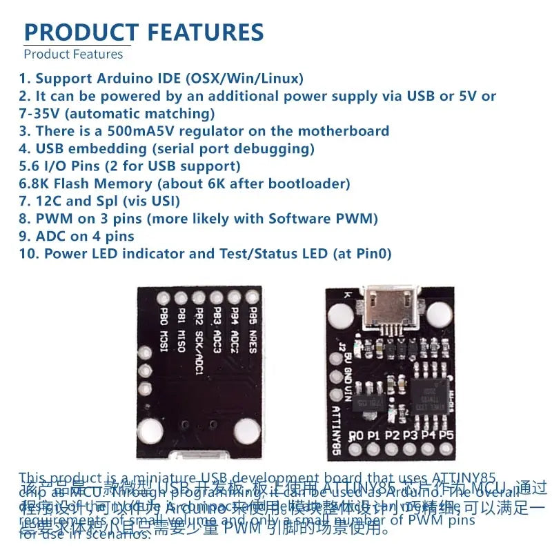 Mini ATTINY85 Micro USB Microcontroller Development Board Read